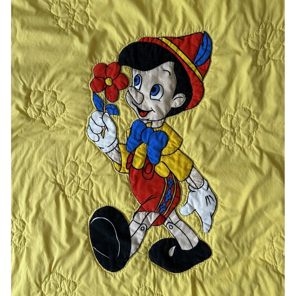 Vintage Disney Pinocchio Yellow Handmade Flower Bedding Blanket Quilt Toddler